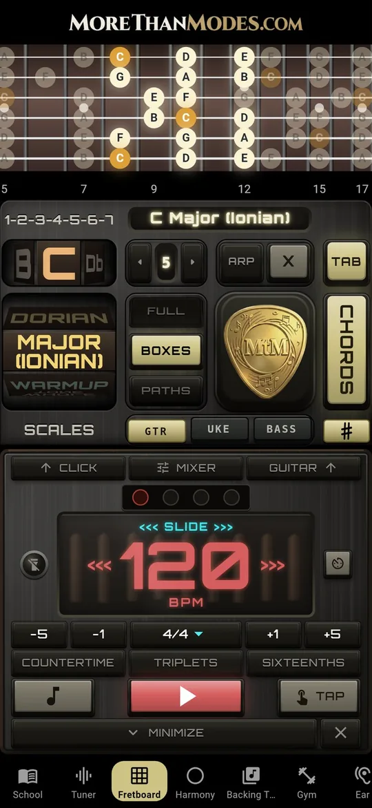 More Than Modes app: metronome with the fretboard