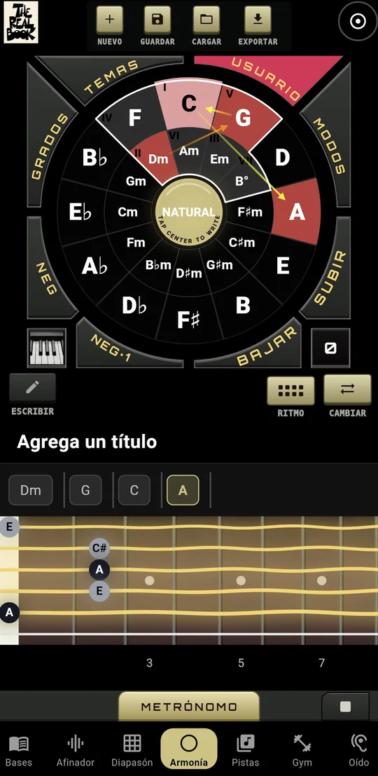 Círculo armónico de D en la app